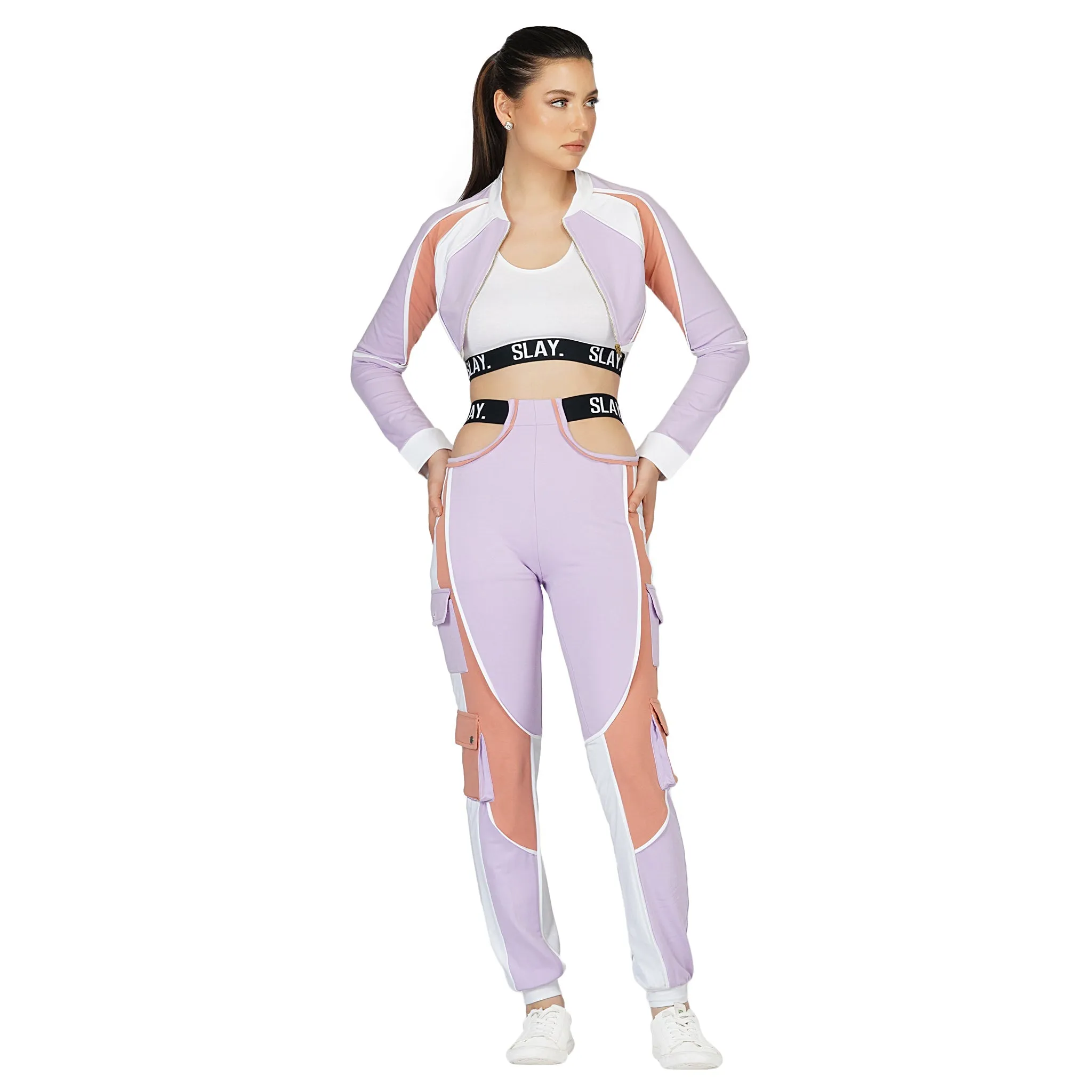 SLAY. Women's Crop Jacket Lavender Lilac Nude White Colorblock - Activewear Streetwear