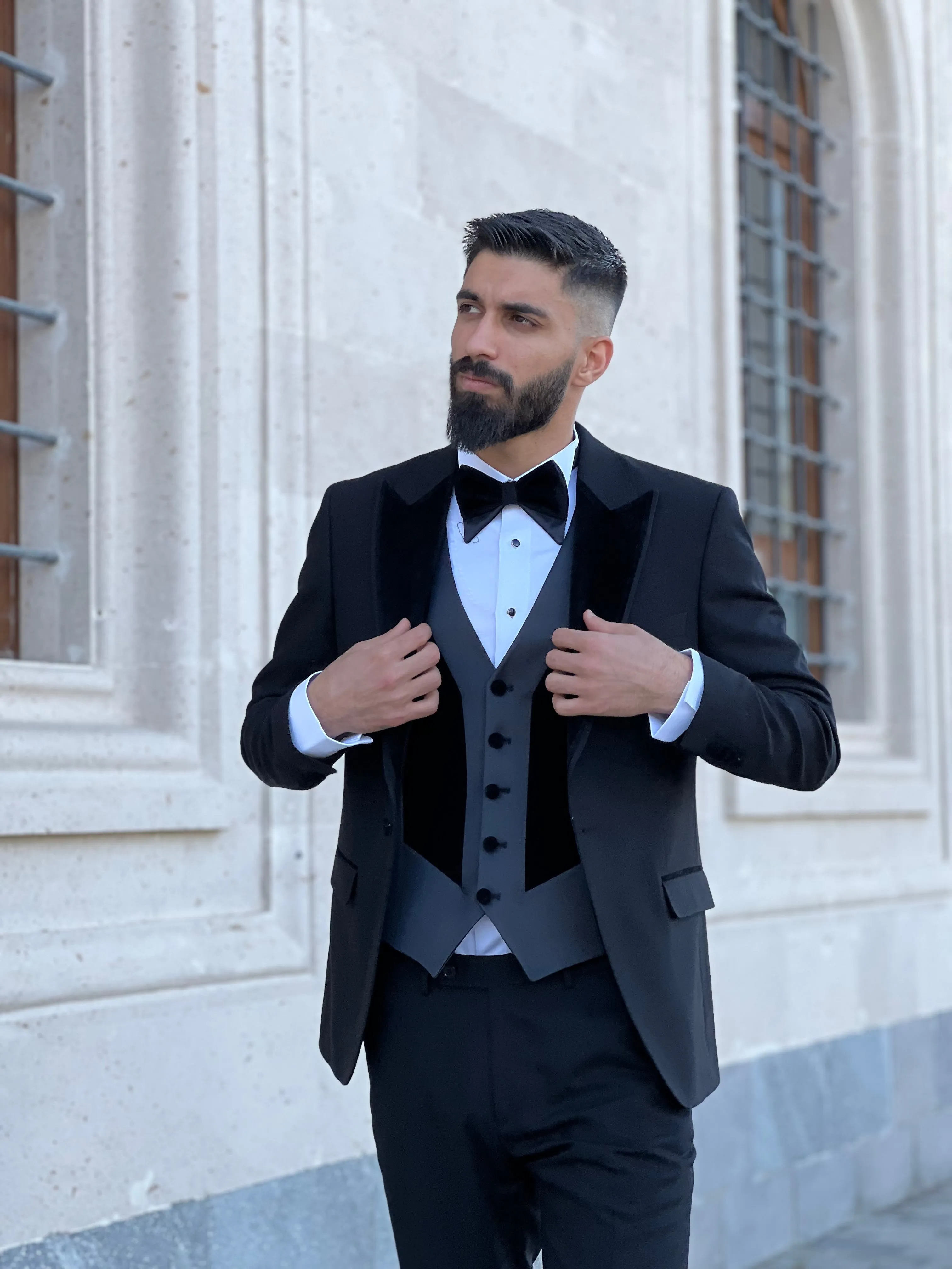 Slim Fit Black Single Breasted Tuxedo with Velvet Peak Lapel for Wedding and special occasions