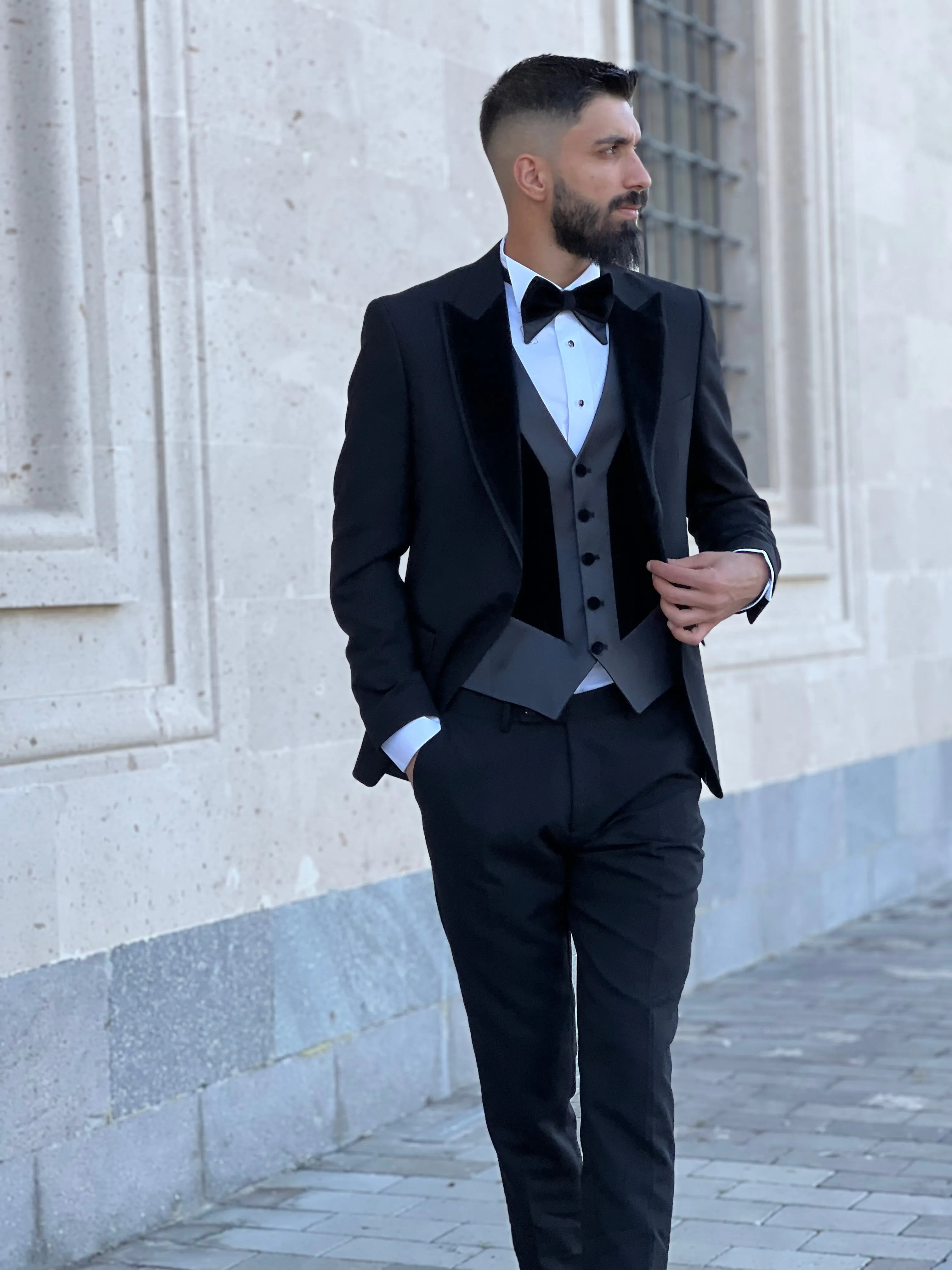 Slim Fit Black Single Breasted Tuxedo with Velvet Peak Lapel for Wedding and special occasions