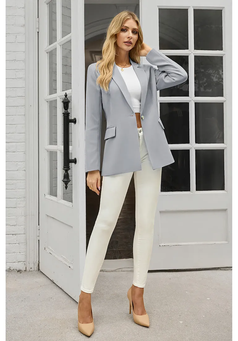 Steel Gray Women's Office Casual Long Sleeve Pocket Blazer Jacket