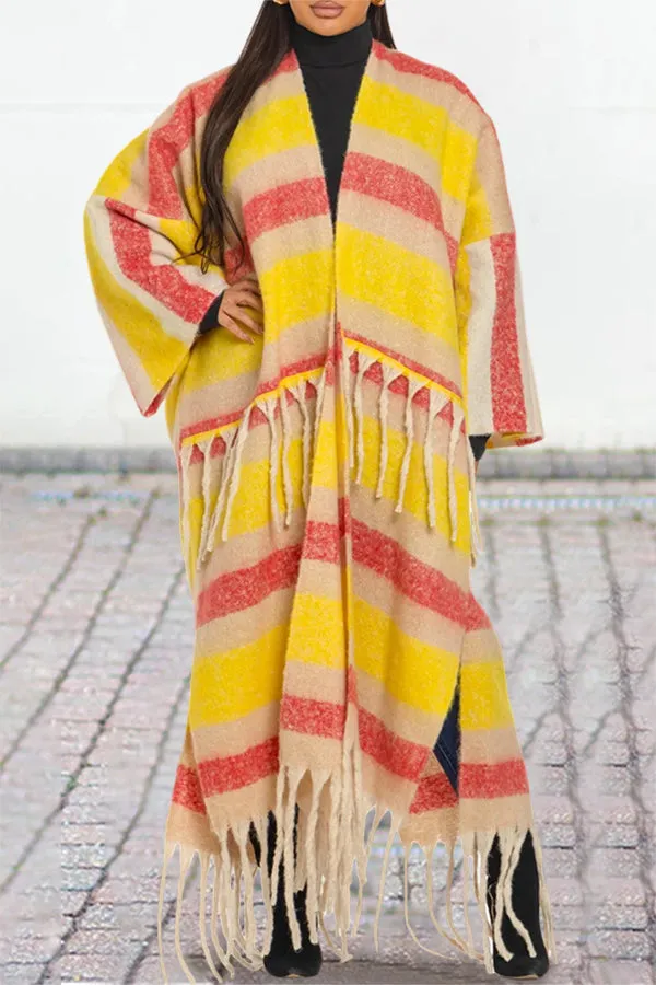 Stylish Color Blocked Fringe Detail Shawl