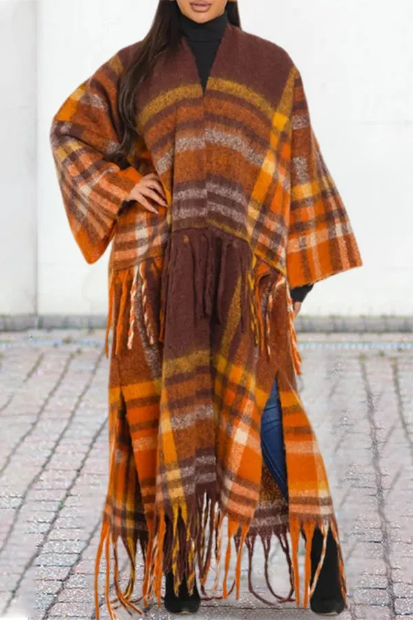 Stylish Color Blocked Fringe Detail Shawl