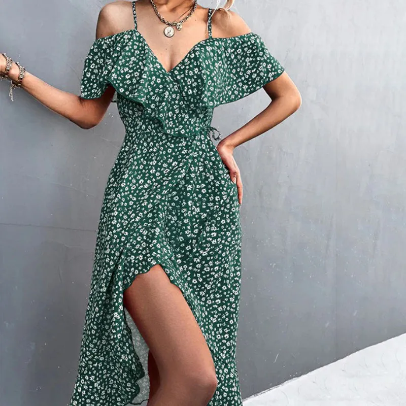 Summer Floral Spaghetti Strap Ruffled Sleeve Dress