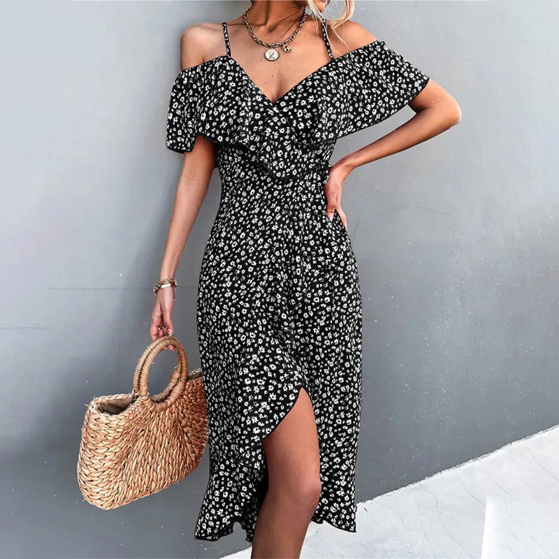 Summer Floral Spaghetti Strap Ruffled Sleeve Dress