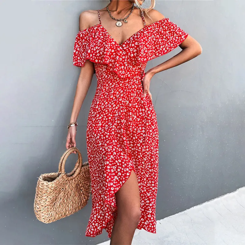 Summer Floral Spaghetti Strap Ruffled Sleeve Dress