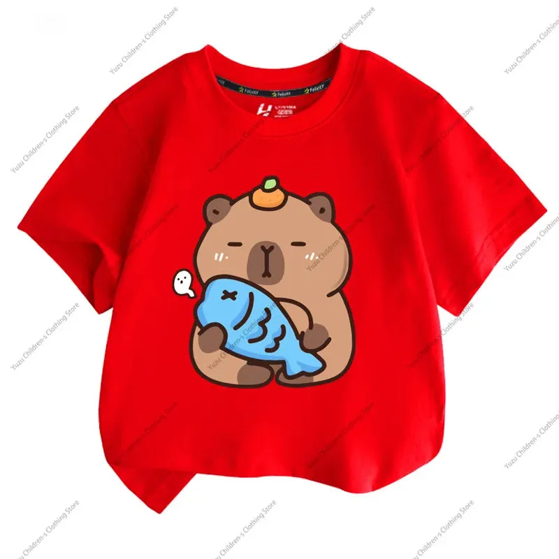 Summer New Trend Capybara Printing Pure Cotton Children's Short-Sleeved T-Shirt Cute Comfortable Versatile Boy And Girl T-Shirt