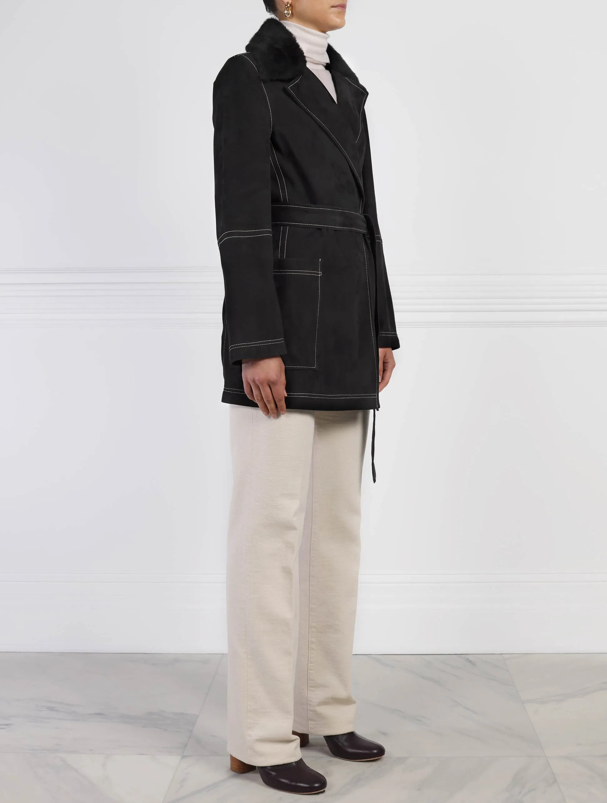 The Natasha Belted Suede Coat with Shearling Collar