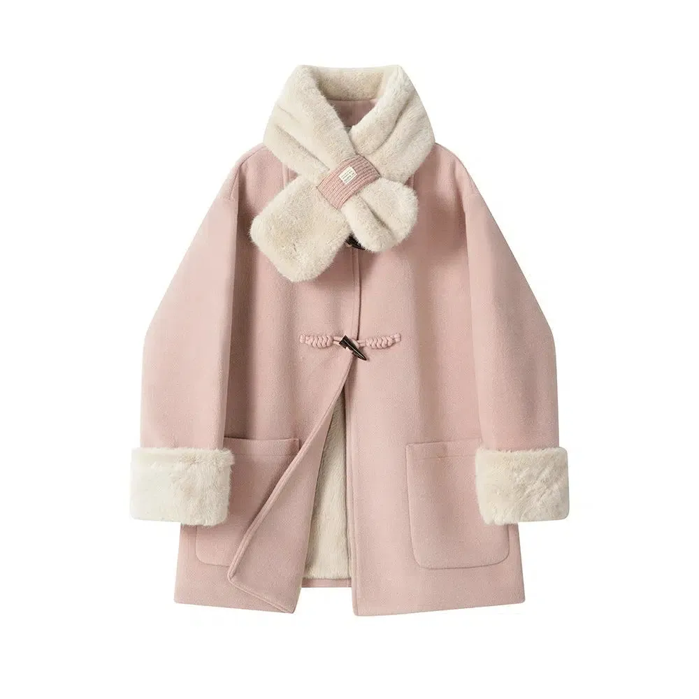 Toggle Closure Faux Fur Trim Wool Coat