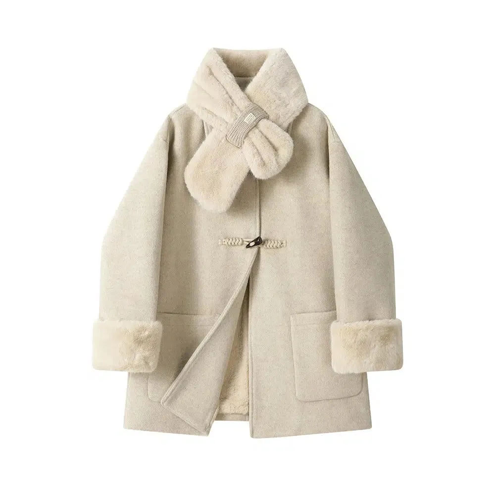 Toggle Closure Faux Fur Trim Wool Coat