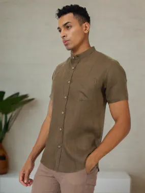 Trevor - Pure Linen Mandarin Collar Half Sleeve Shirt - Hazelnut Brown