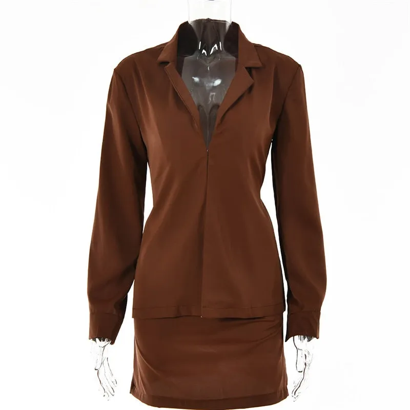 Turn-down Collar Button Two Piece Set Brown Long Sleeve Top High Waist Skirt Women Autumn Slim Office Outfits