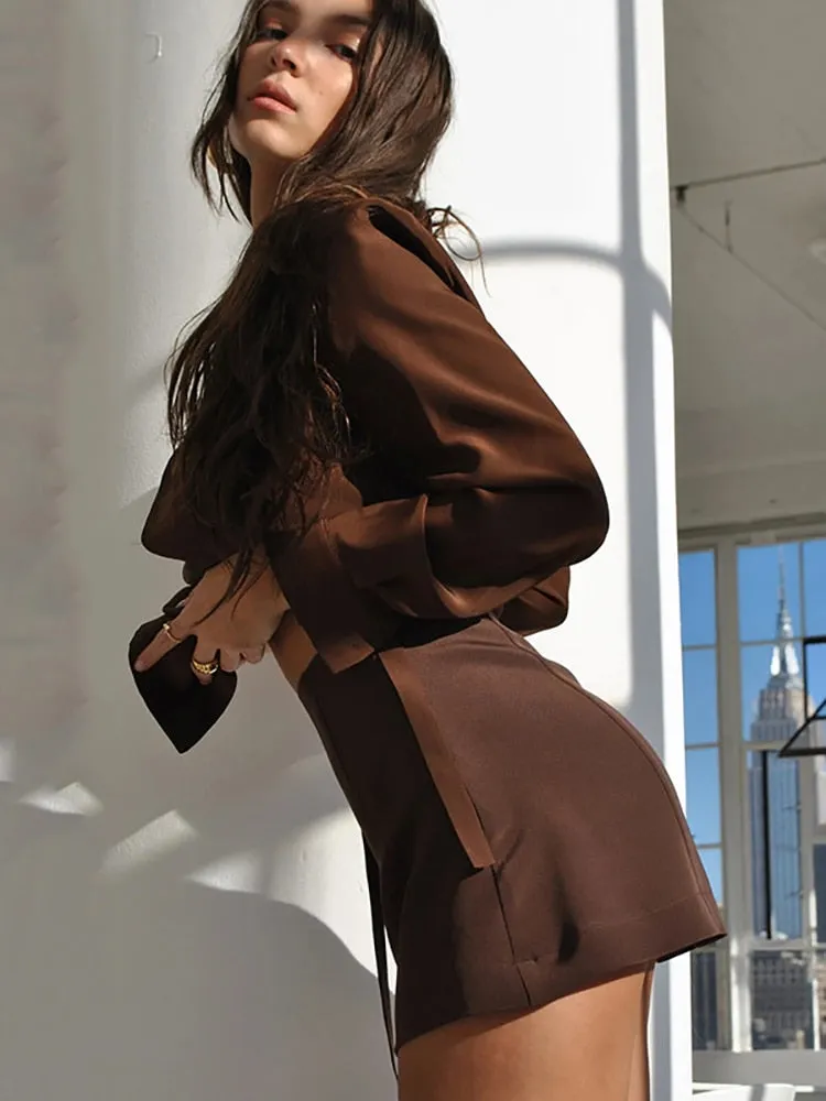 Turn-down Collar Button Two Piece Set Brown Long Sleeve Top High Waist Skirt Women Autumn Slim Office Outfits