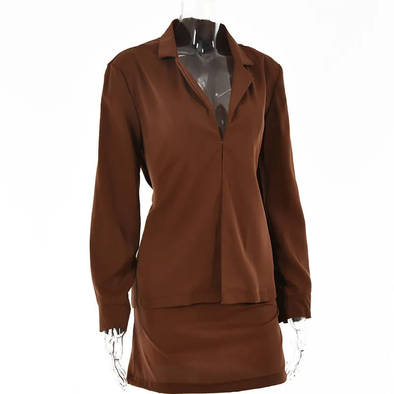 Turn-down Collar Button Two Piece Set Brown Long Sleeve Top High Waist Skirt Women Autumn Slim Office Outfits