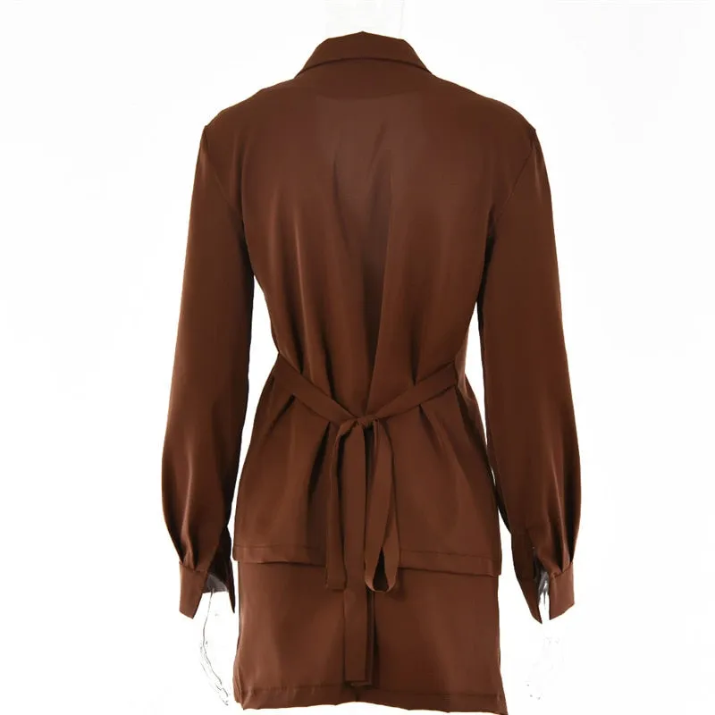 Turn-down Collar Button Two Piece Set Brown Long Sleeve Top High Waist Skirt Women Autumn Slim Office Outfits