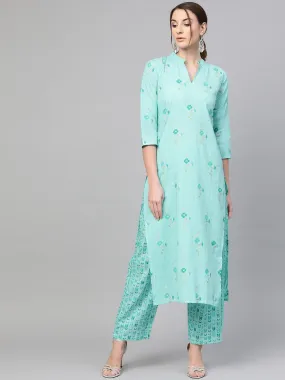 Turquoise Blue Gold Printed Kurta Set With Pants