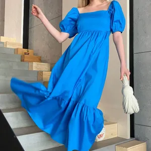 Vibrant Color Summer Midi Dresses with Puff Sleeves