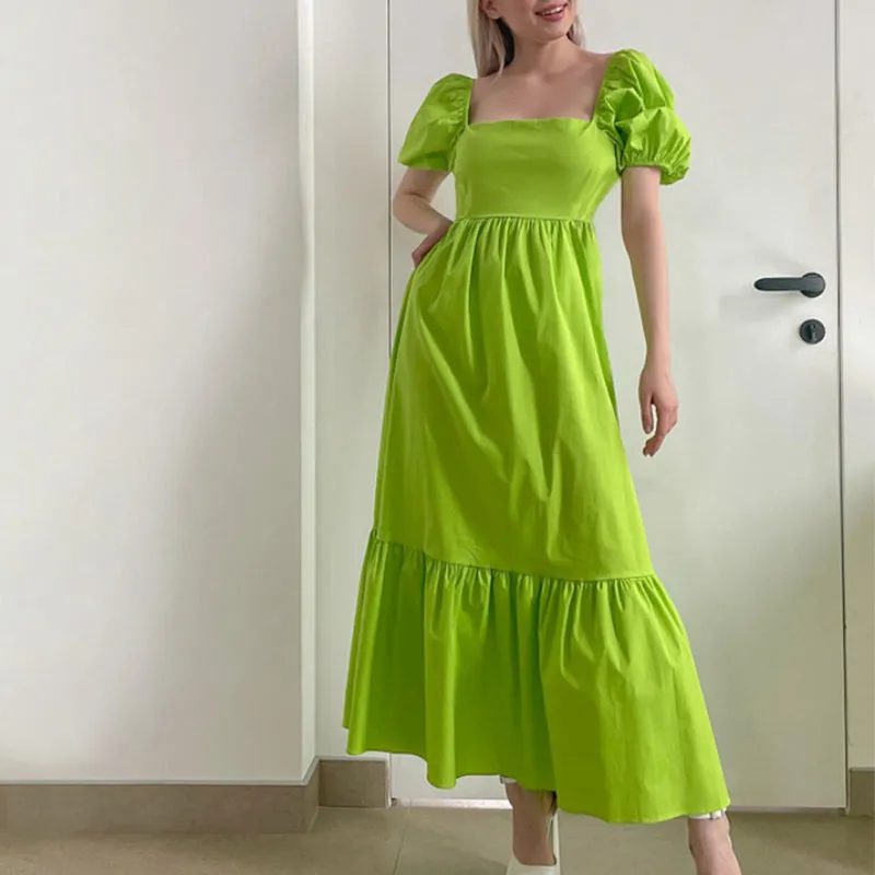 Vibrant Color Summer Midi Dresses with Puff Sleeves