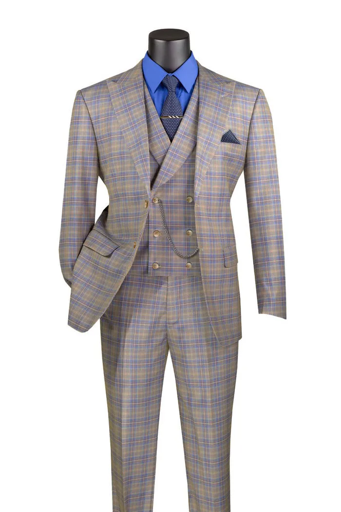 Vinci Modern Fit Windowpane Peak Lapel 3 Piece Suit Blue MV2W-3