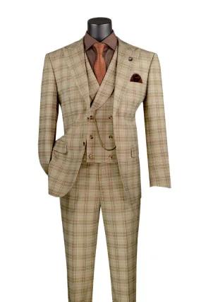 Vinci Modern Fit Windowpane Peak Lapel 3 Piece Suit Khaki MV2W-3