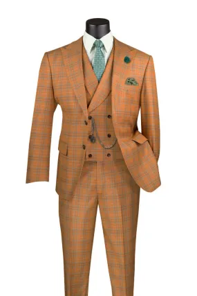 Vinci Modern Fit Windowpane Peak Lapel 3 Piece Suit Orange MV2W-3