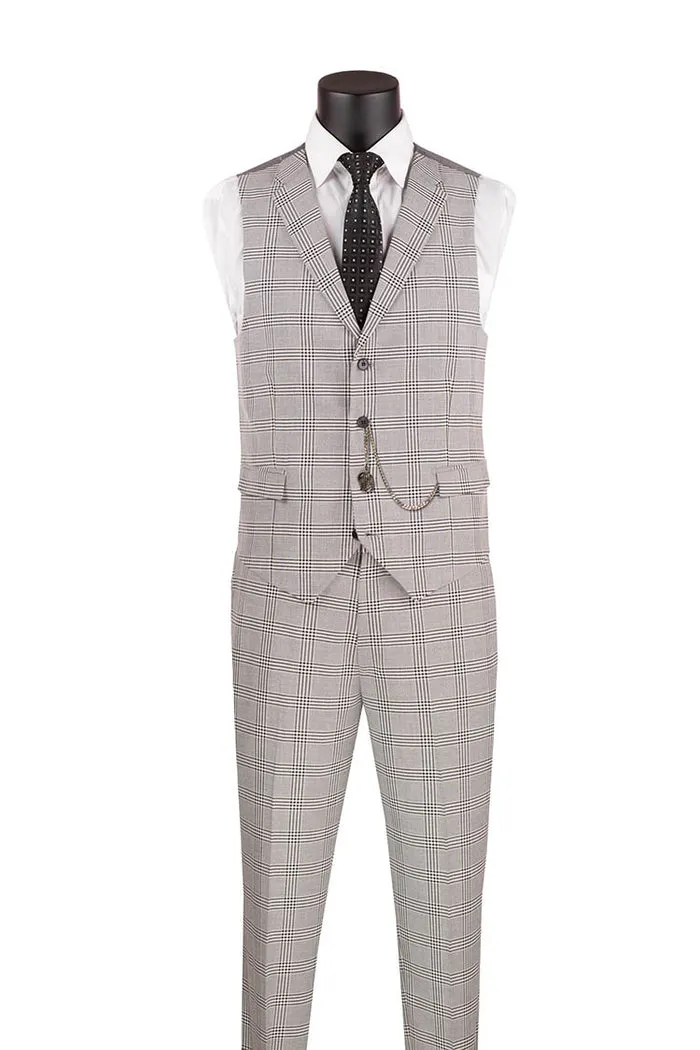 Vinci Slim Fit Suit Windowpane 3 Piece with Vest Gray SV2W-6