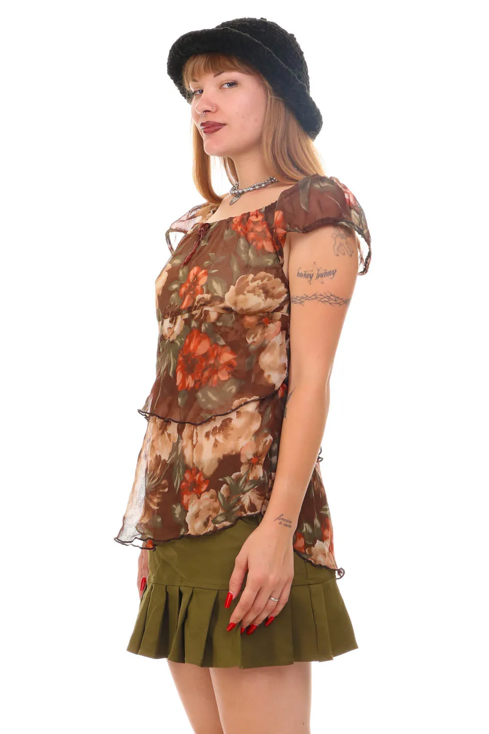 Vintage 90's Brown Floral Off-The-Shoulder Top - S/M