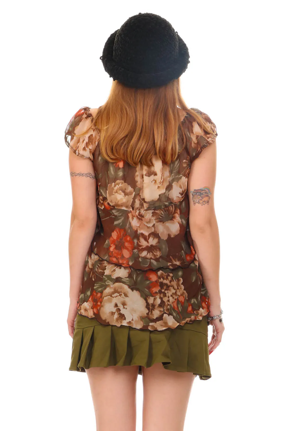 Vintage 90's Brown Floral Off-The-Shoulder Top - S/M