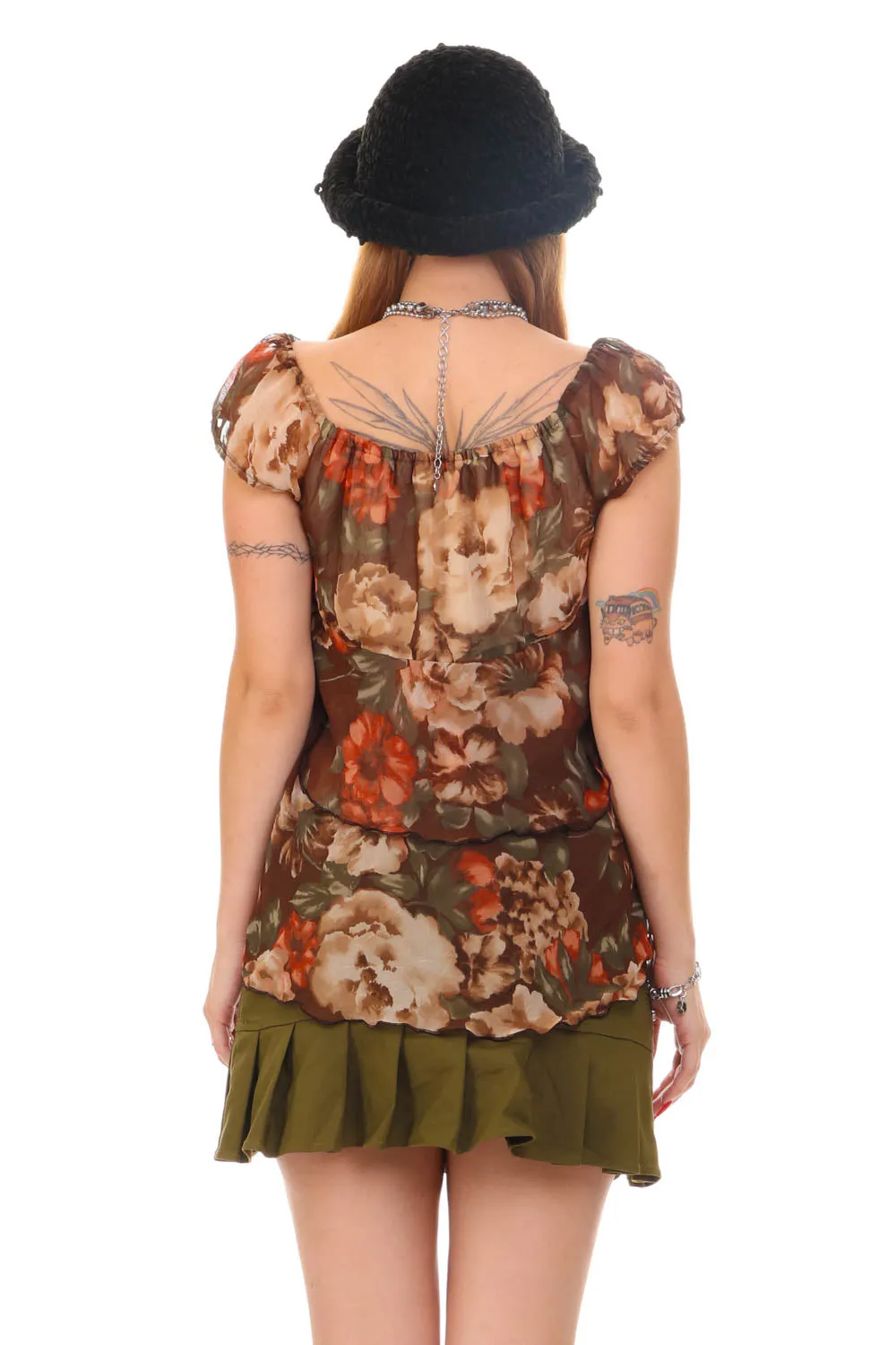 Vintage 90's Brown Floral Off-The-Shoulder Top - S/M