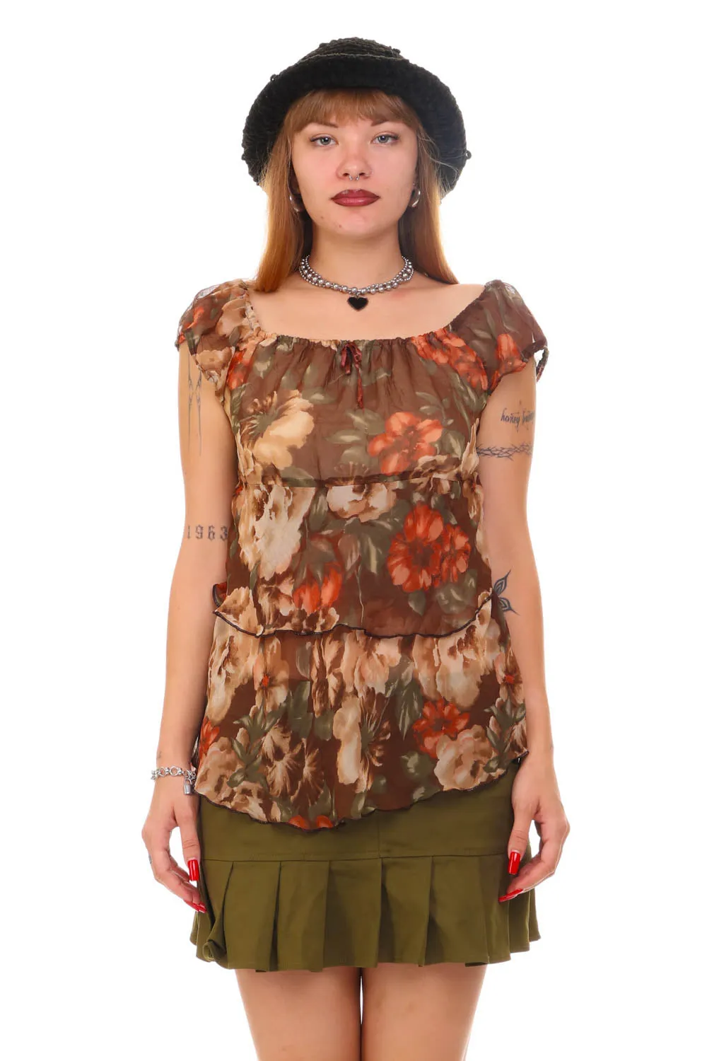 Vintage 90's Brown Floral Off-The-Shoulder Top - S/M