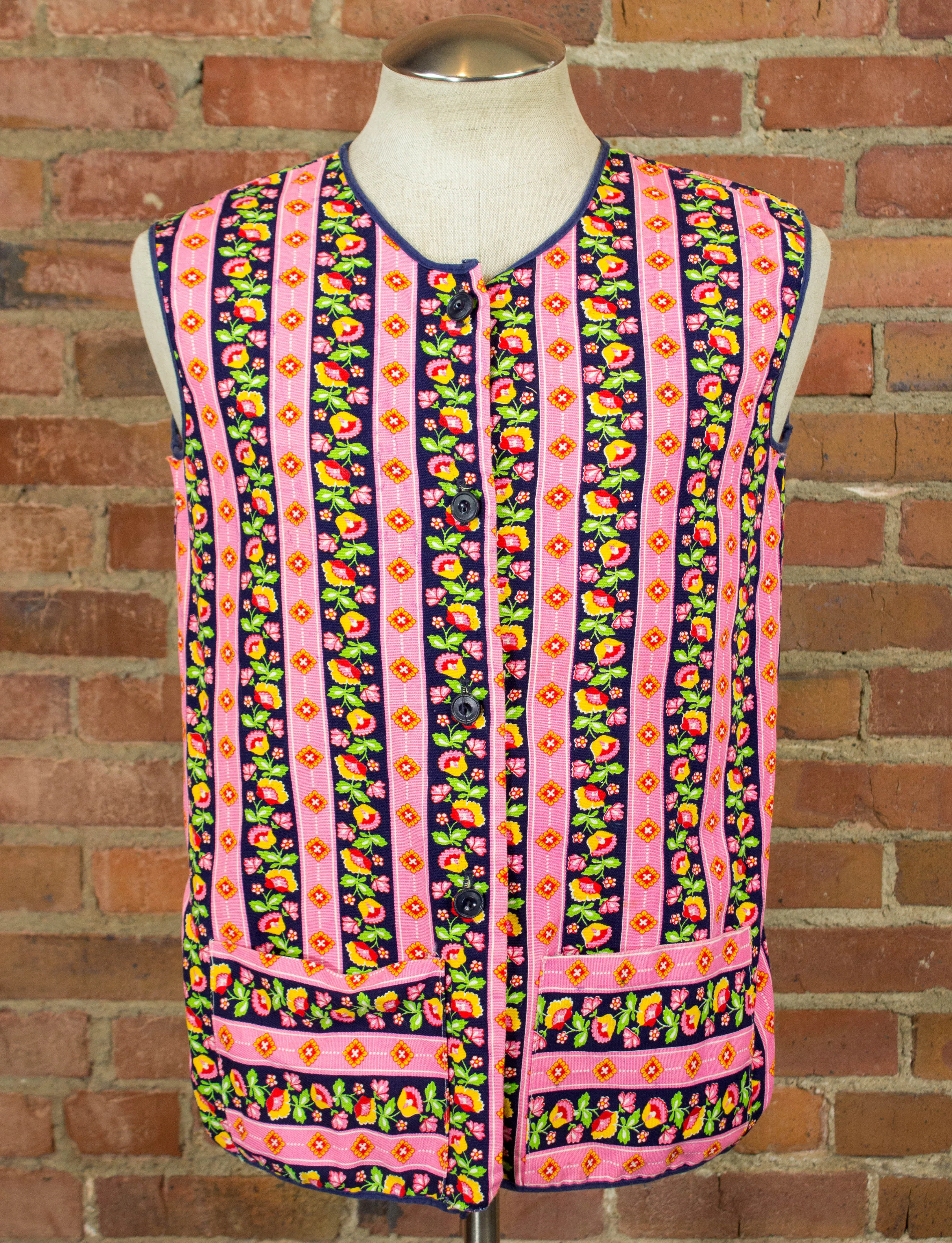 Vintage Handmade Floral Striped Vest 60s Pink Hippie Medium