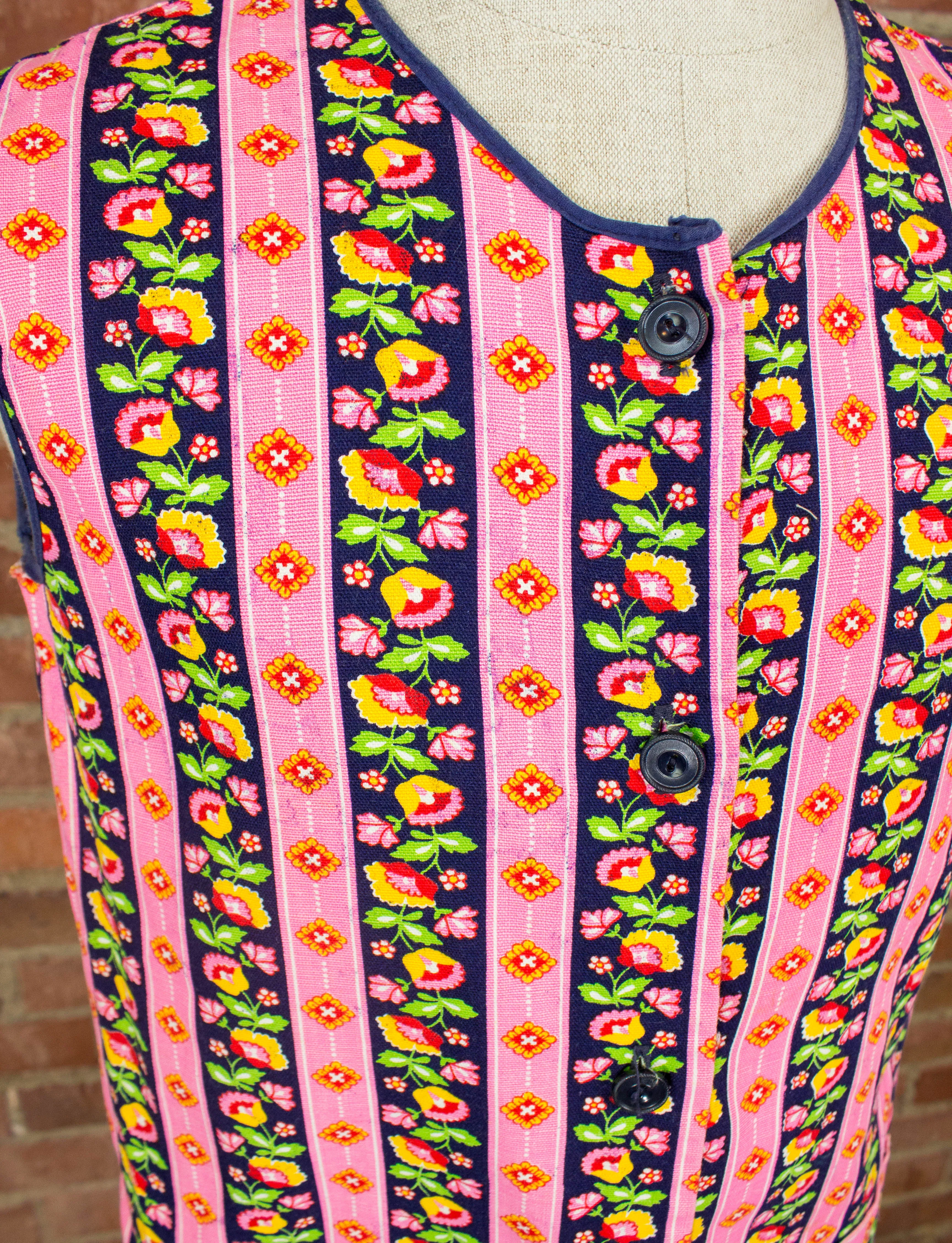 Vintage Handmade Floral Striped Vest 60s Pink Hippie Medium