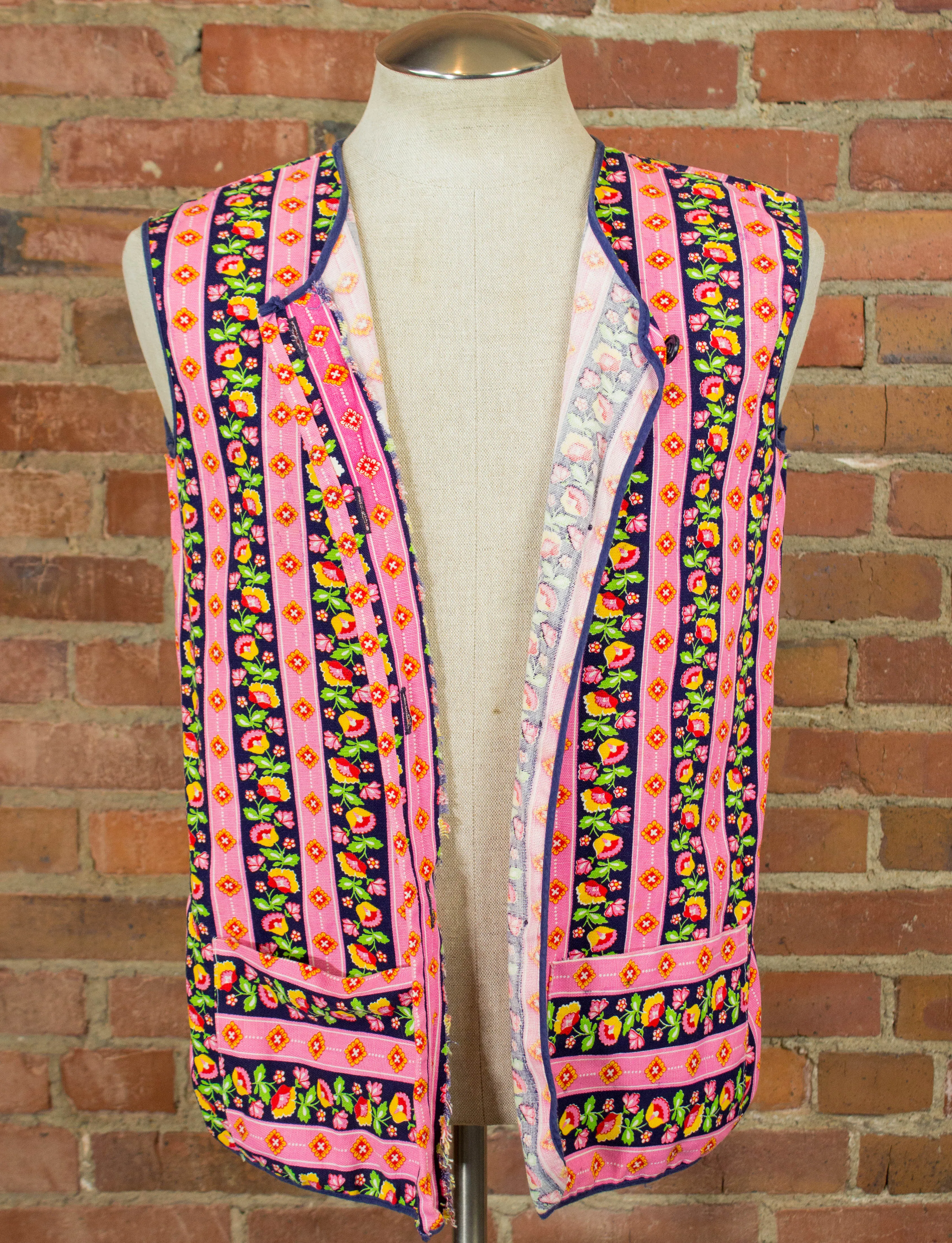 Vintage Handmade Floral Striped Vest 60s Pink Hippie Medium