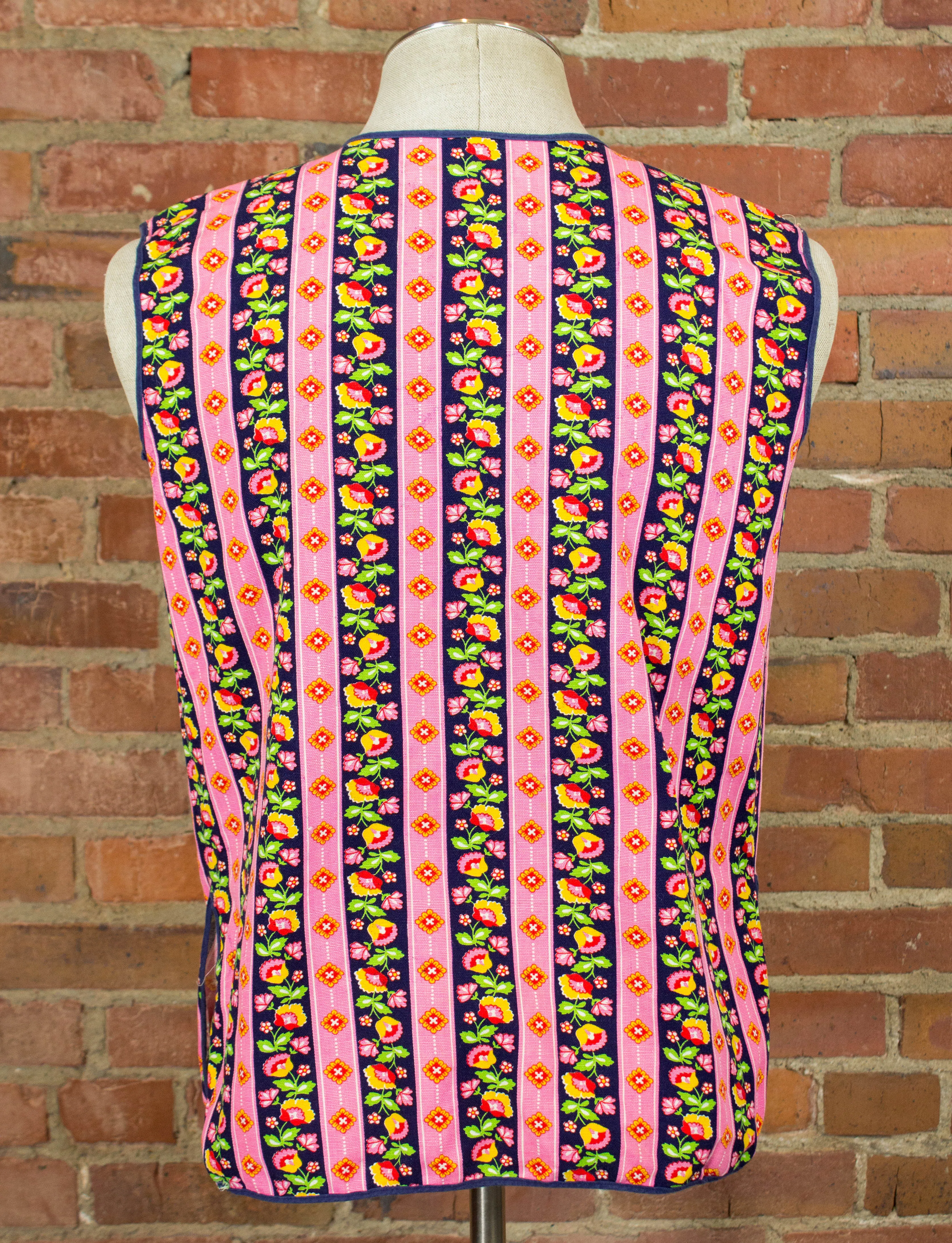 Vintage Handmade Floral Striped Vest 60s Pink Hippie Medium