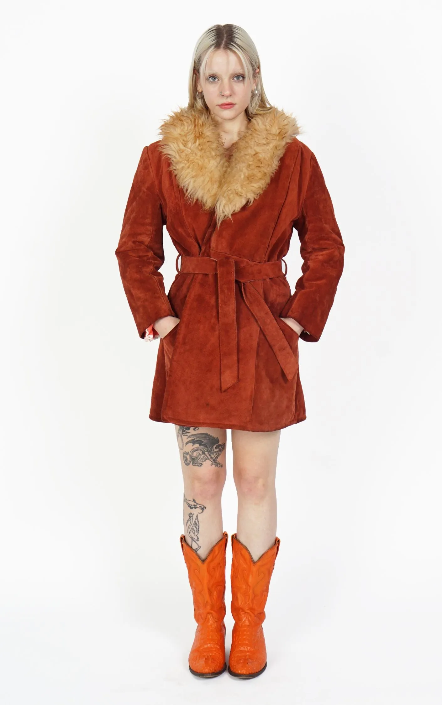 VINTAGE Orange Suede Boho Fur Collar Penny Lane Coat