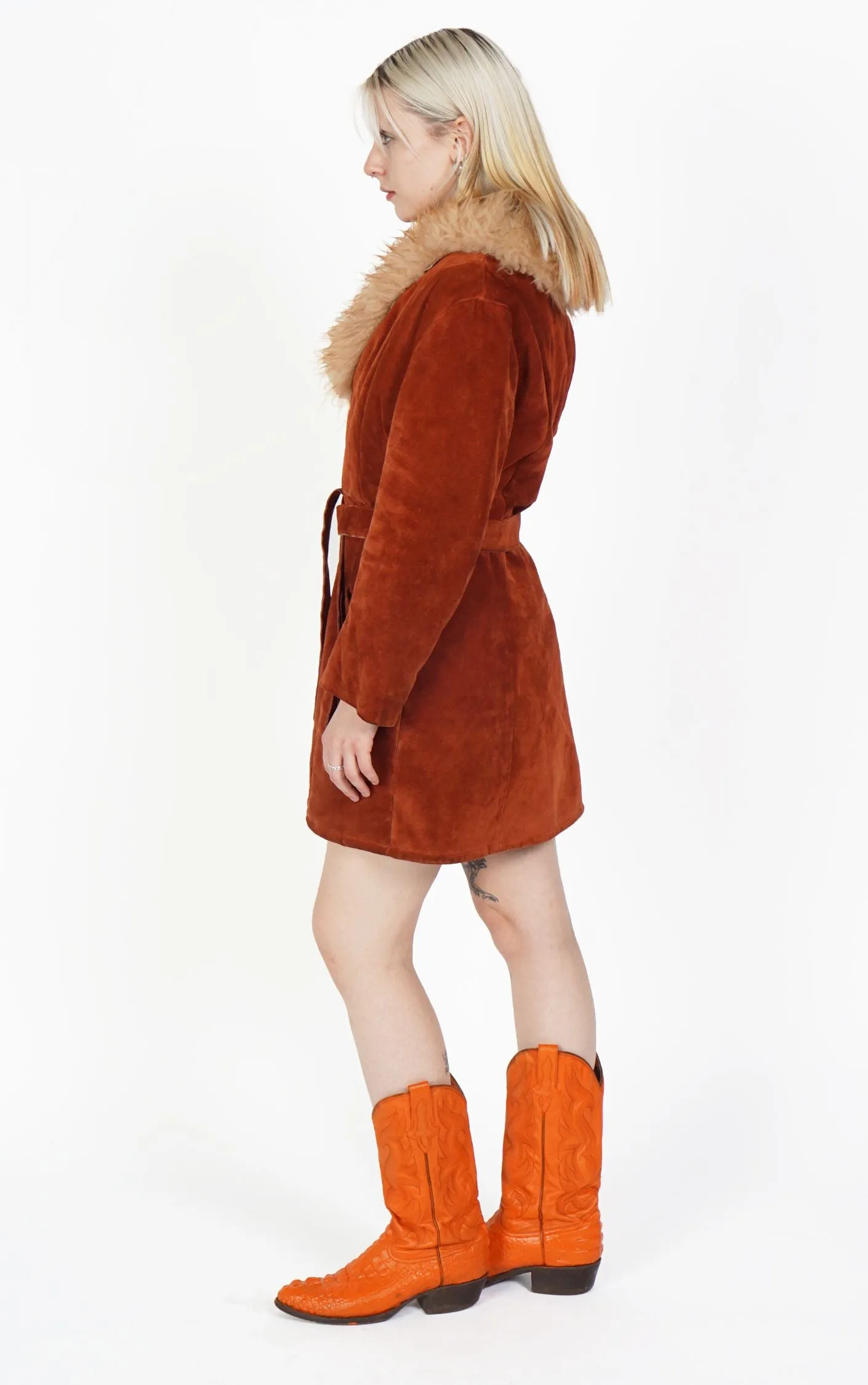 VINTAGE Orange Suede Boho Fur Collar Penny Lane Coat