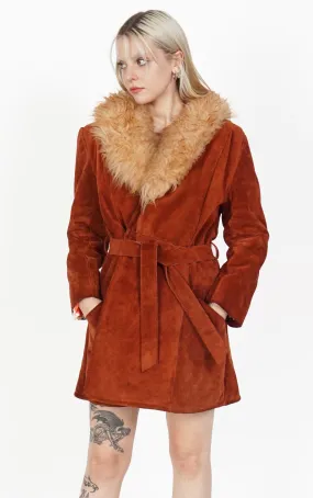 VINTAGE Orange Suede Boho Fur Collar Penny Lane Coat