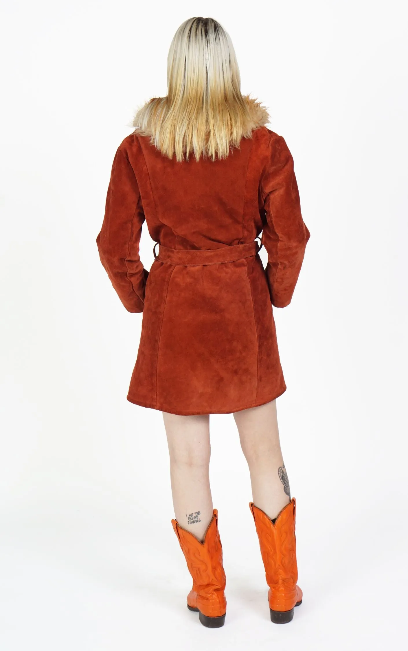 VINTAGE Orange Suede Boho Fur Collar Penny Lane Coat