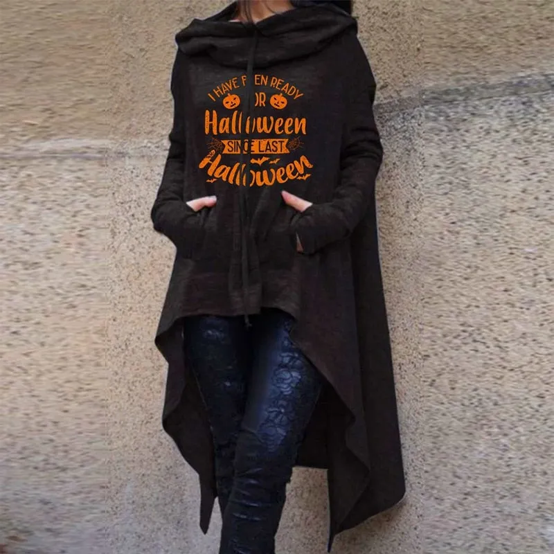 Wenkouban Halloween Costume Halloween Witch Hoodies Y2K Fashion Printed Irregular Hem Oversize Female Long Sleeve Hooded Cloak Pullover Women's Sweatshirt