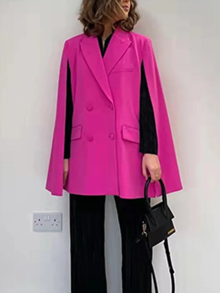 Wenkouban  Women Pink V Neck Straight Pocket Cape Blazer 2022 Spring Fashion Ladies High Street Casual Blazer Female Solid Color Suit