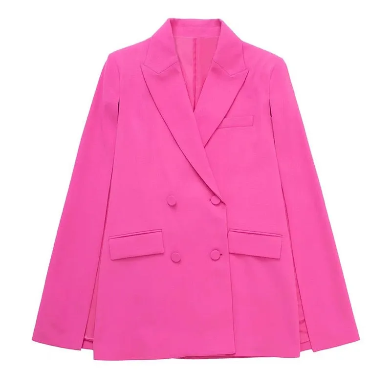 Wenkouban  Women Pink V Neck Straight Pocket Cape Blazer 2022 Spring Fashion Ladies High Street Casual Blazer Female Solid Color Suit