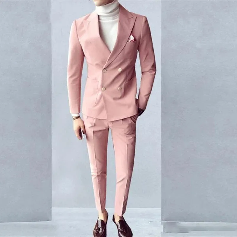 WIAOFELLAS -  Pink Fashion Sunshine Men Suits Double Breasted 2 Pieces (Jacket Pants) Peaked Collar Slim Fit Set for Wedding Party Tuxedos