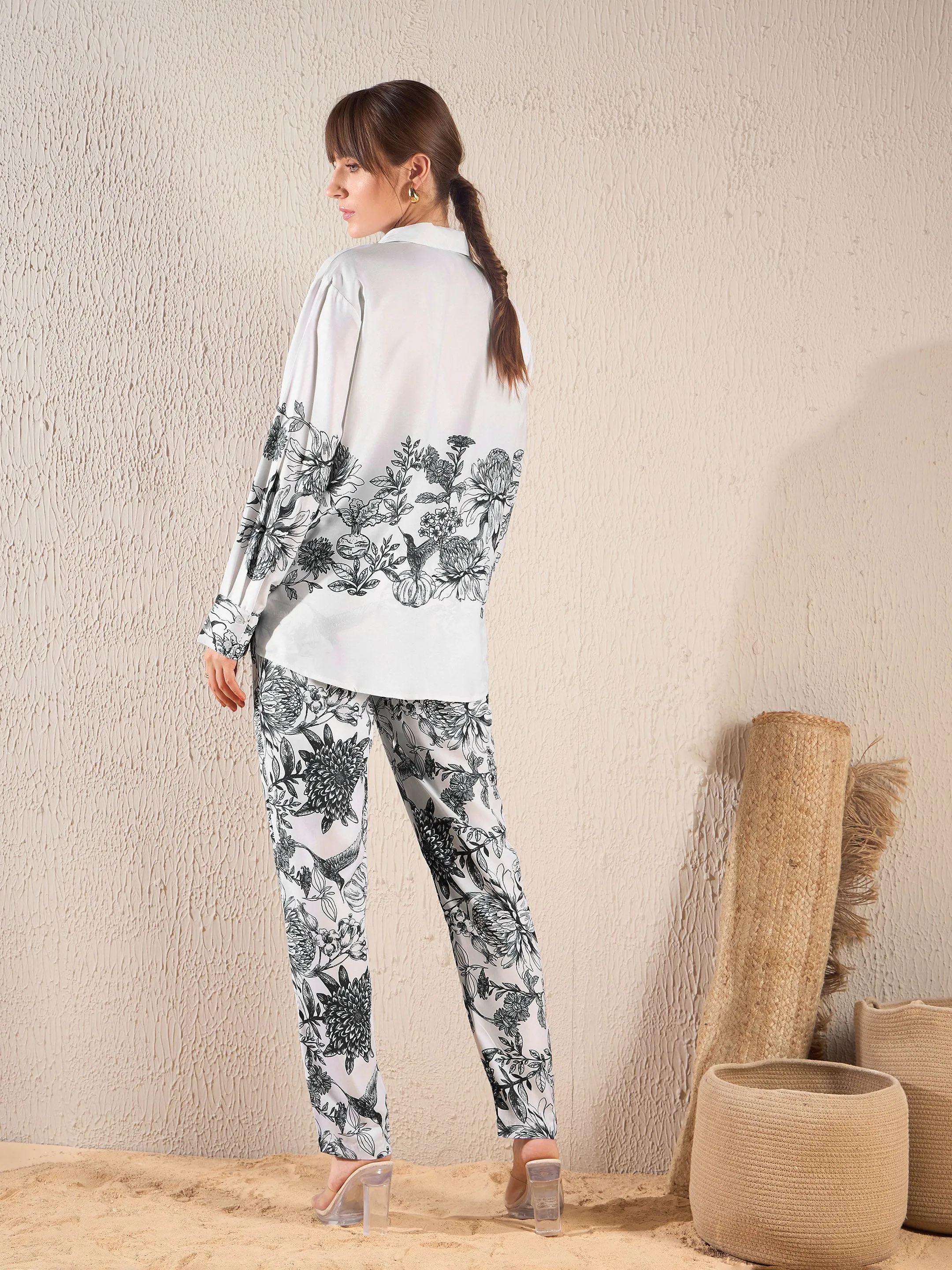 Women Black Floral Oversized Shirt With Tapered Pants