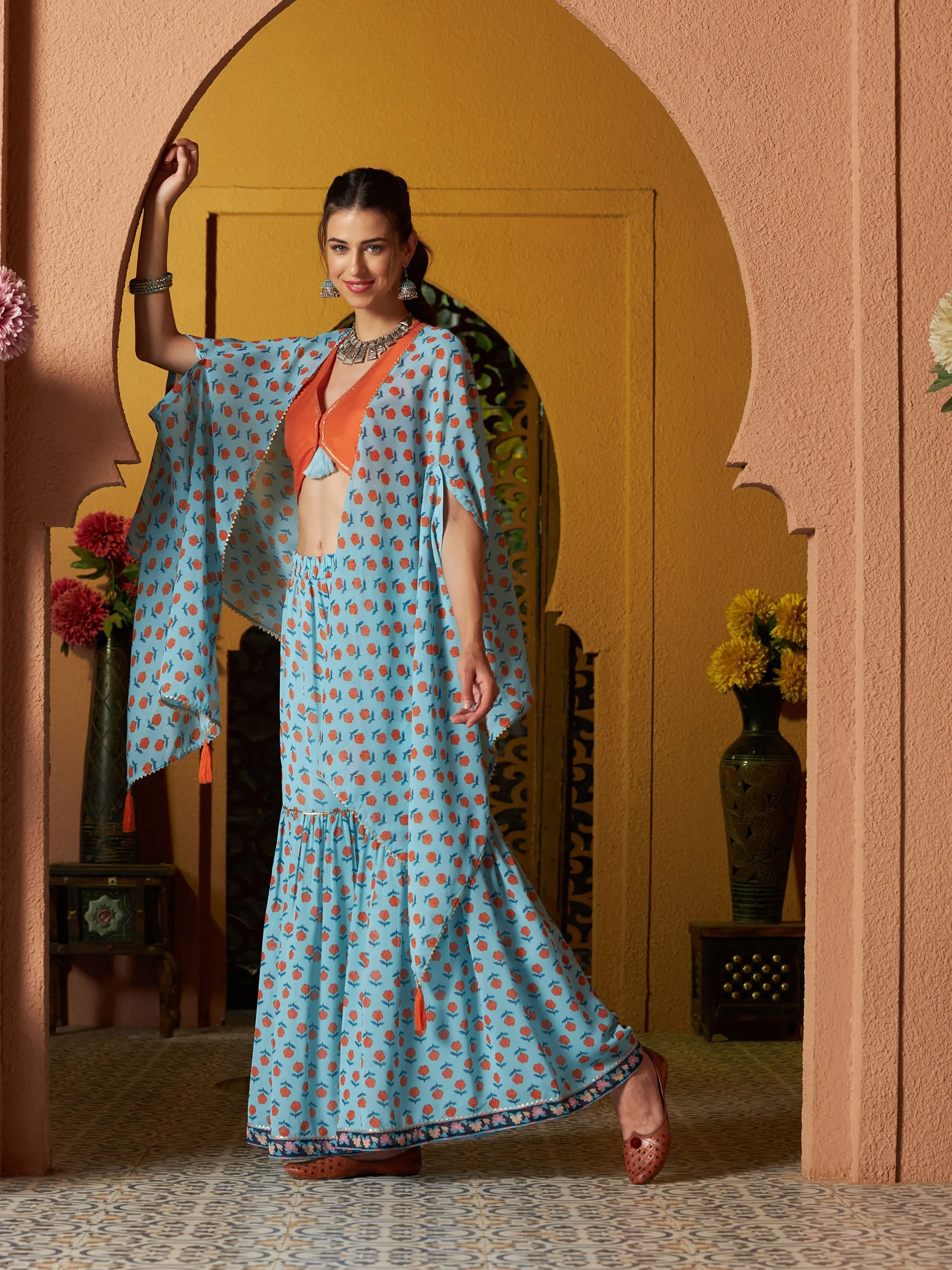 Women Blue Floral Sharara With Cape And Orange Crop Top