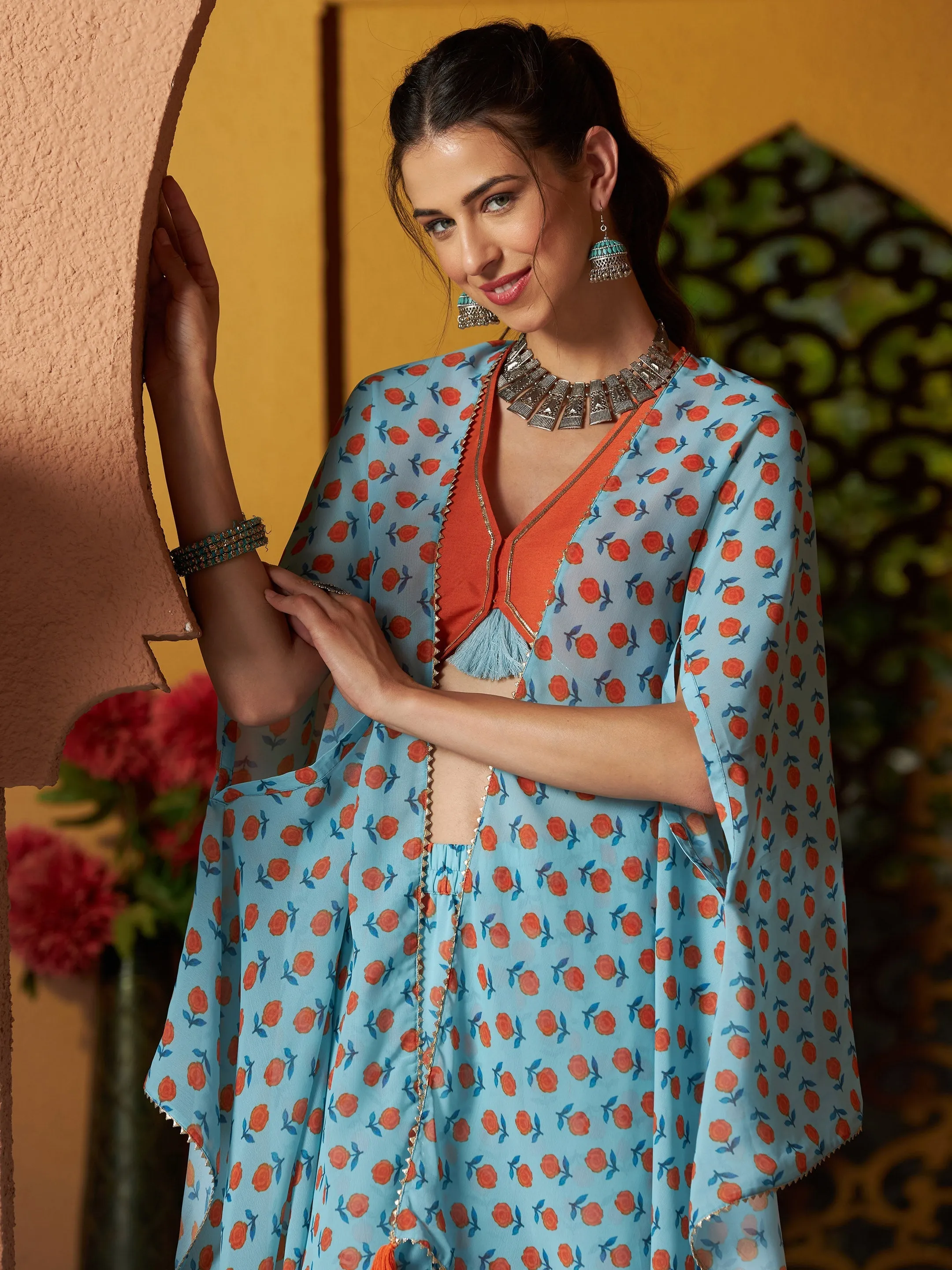 Women Blue Floral Sharara With Cape And Orange Crop Top