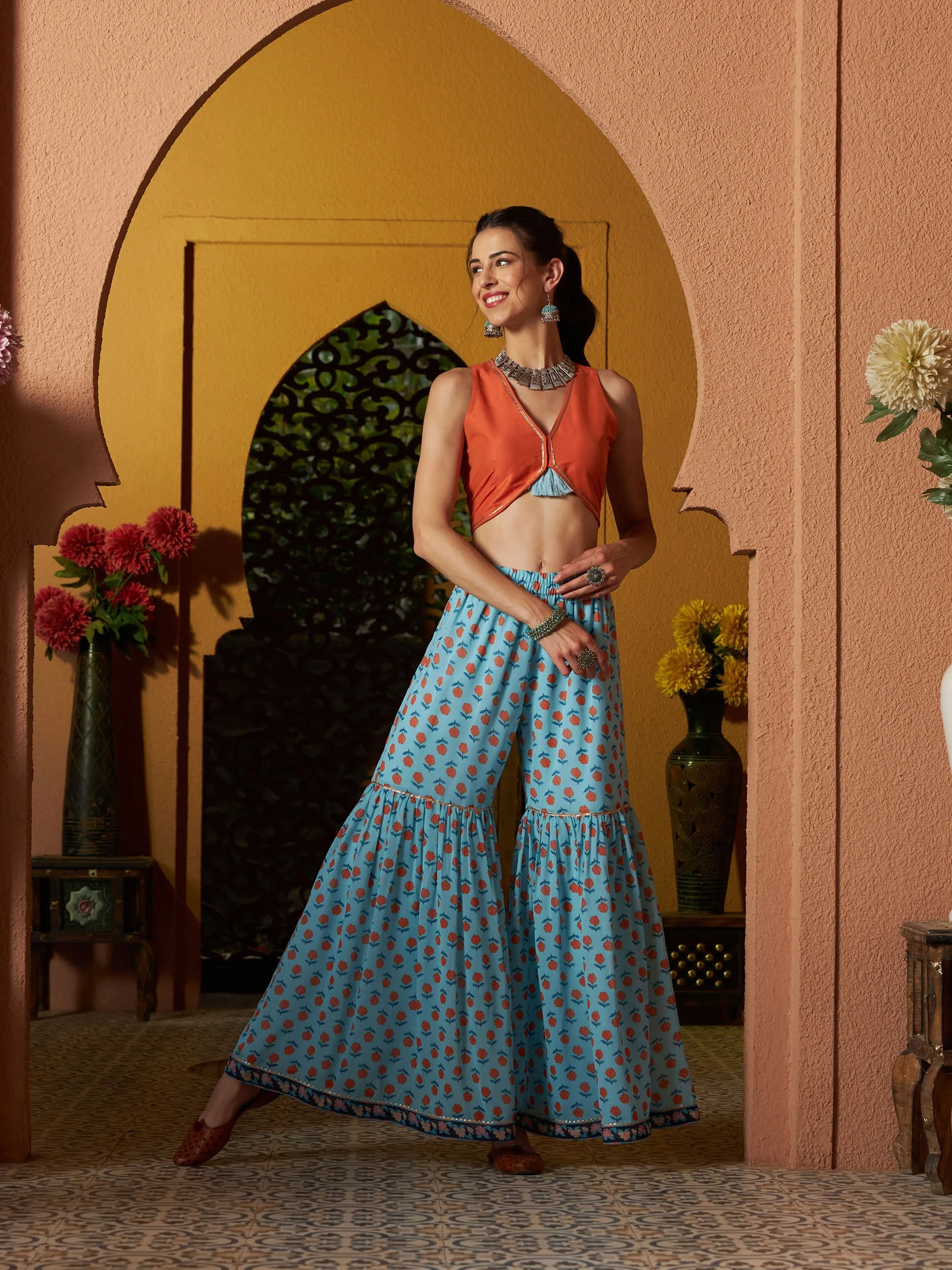 Women Blue Floral Sharara With Cape And Orange Crop Top