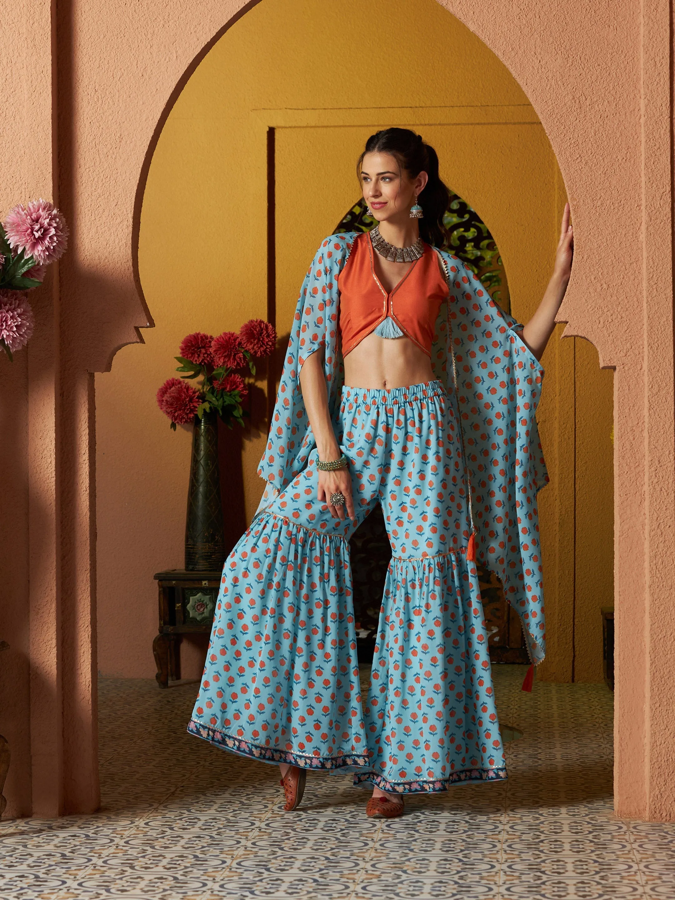 Women Blue Floral Sharara With Cape And Orange Crop Top