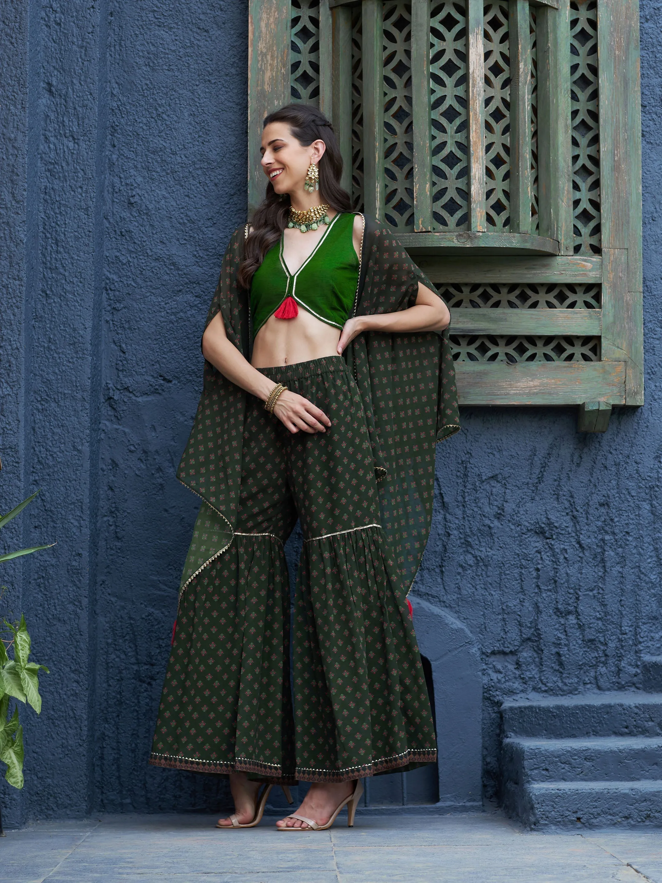 Women Green Floral Sharara With Cape And Solid Crop Top