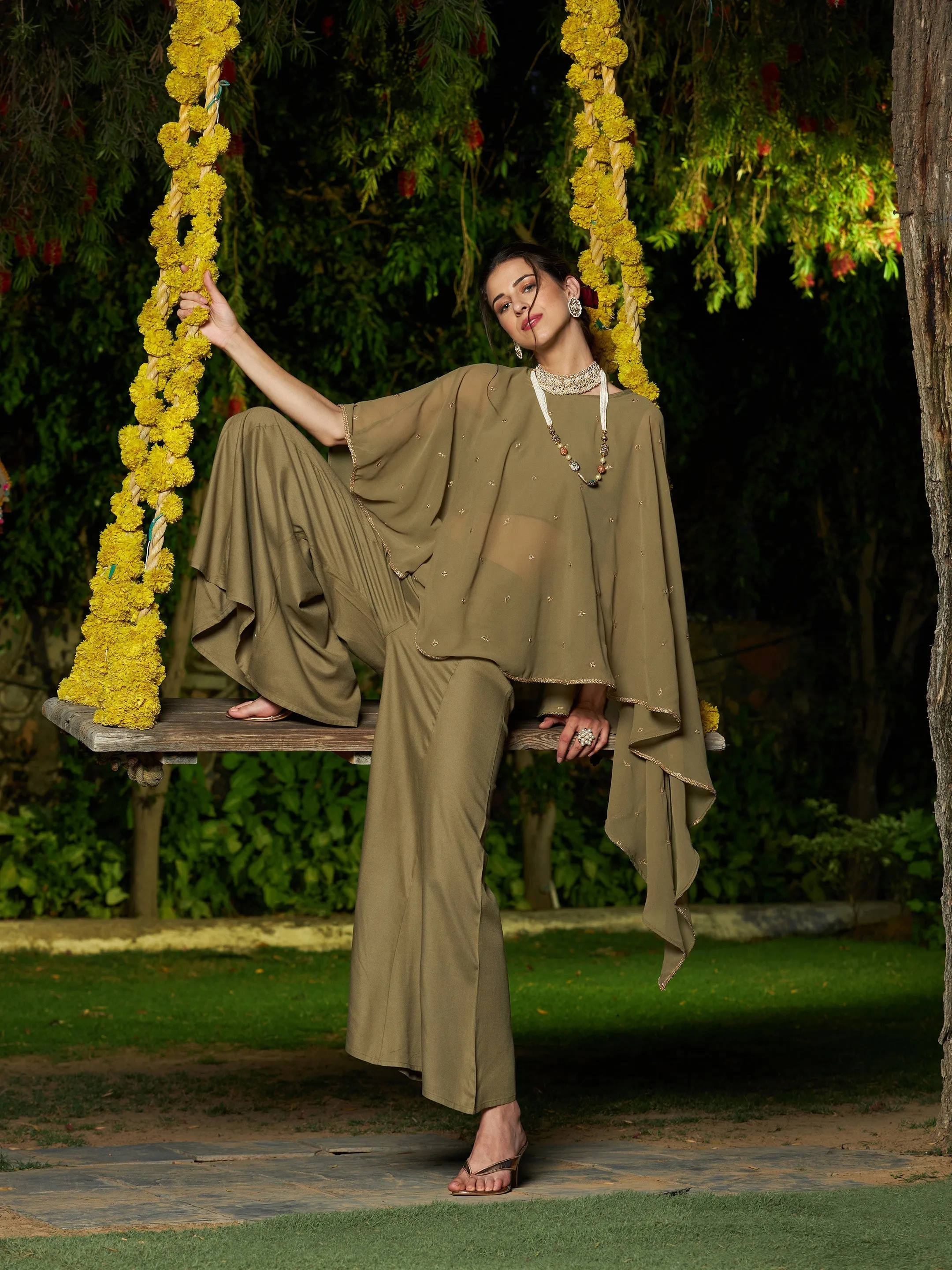 Women Olive Crop Top With Palazzo And Emb Asymmetric Shrug