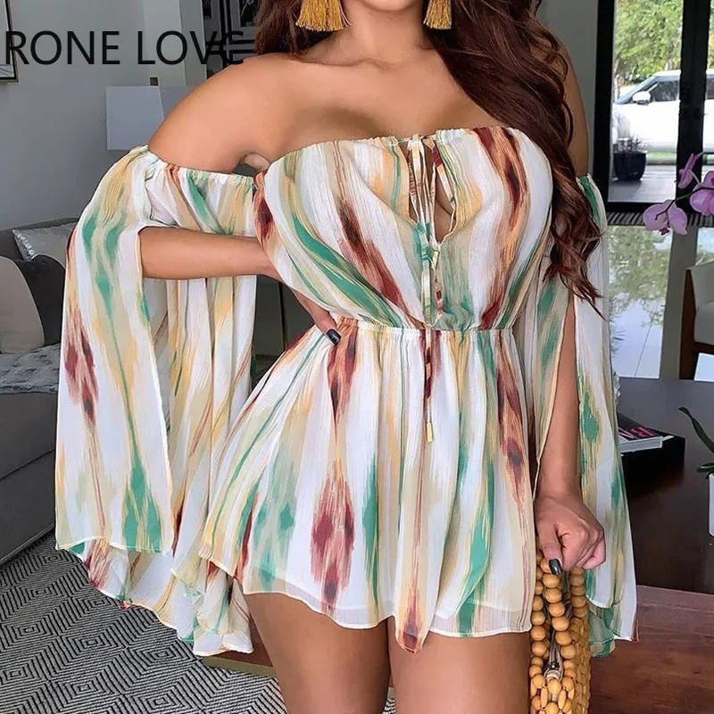 Women Print Off Shoulder Off Shoulder Cape Long Sleeves Romper Summer Sexy Romper