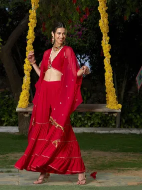 Women Red Crop Top With Tiered Sharara And Emb Cape